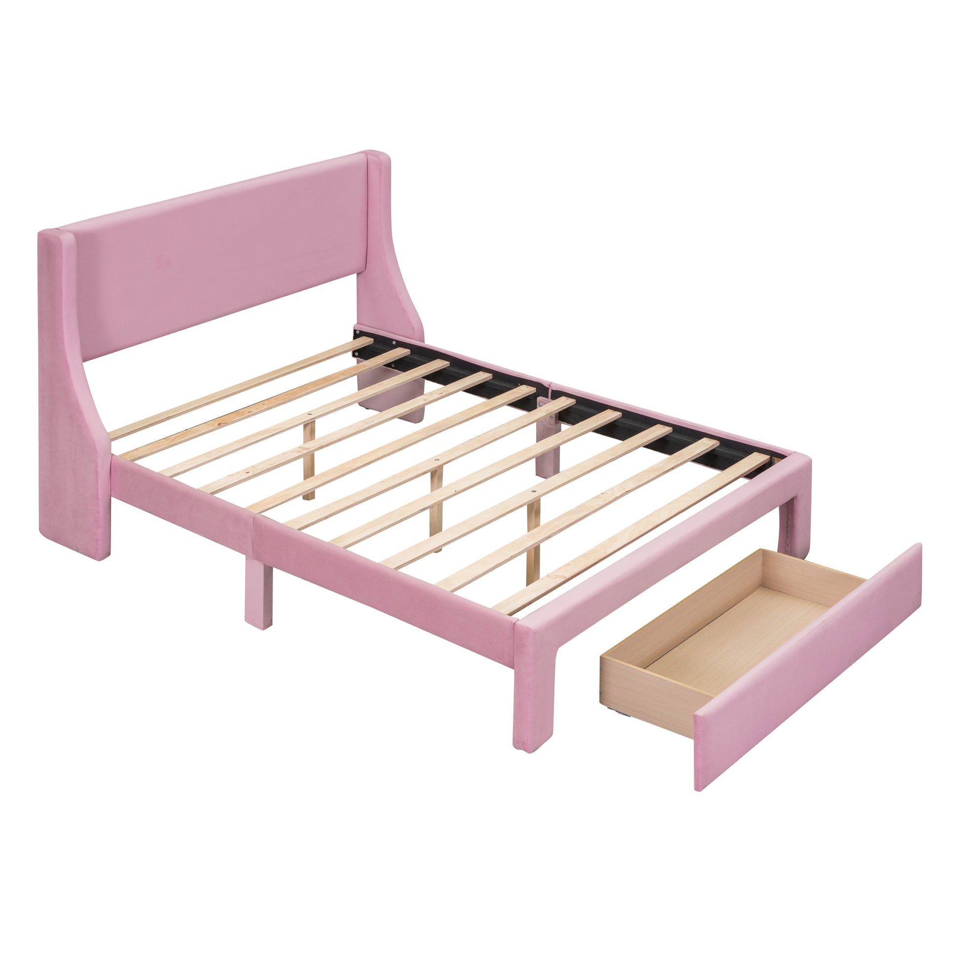 Full Size Storage Bed Velvet Upholstered Platform Bed With A Big Drawer Pink Pink Velvet