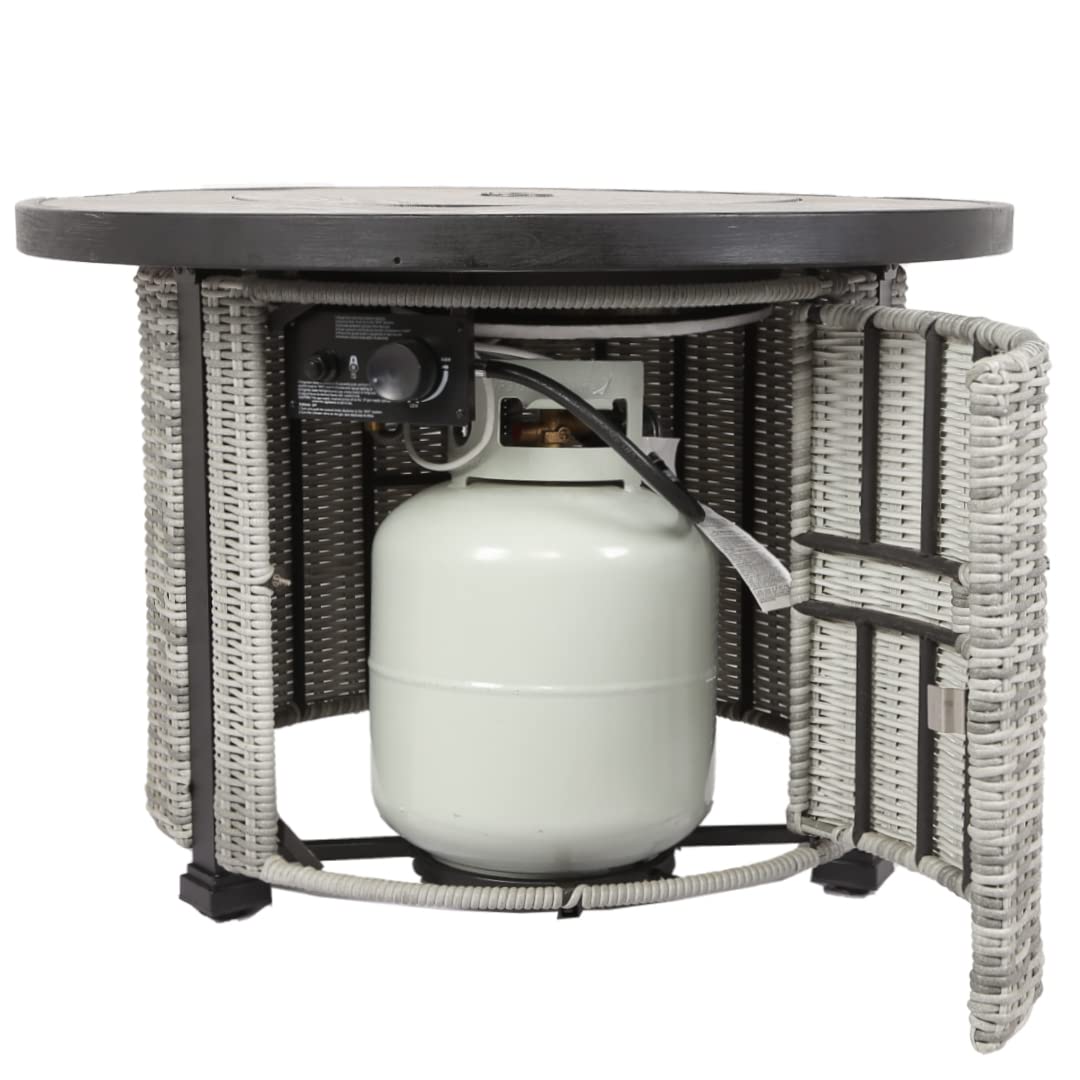36 Inch Gas Propane Fire Pit Table, 50000 Btu Round Gas Fire Table With Lid & Lava Rock, Grey Rattan & Wicker Base, Outdoor Gas Firepit Table For Outside, Yard, Patio, Party, Garden Grey Steel