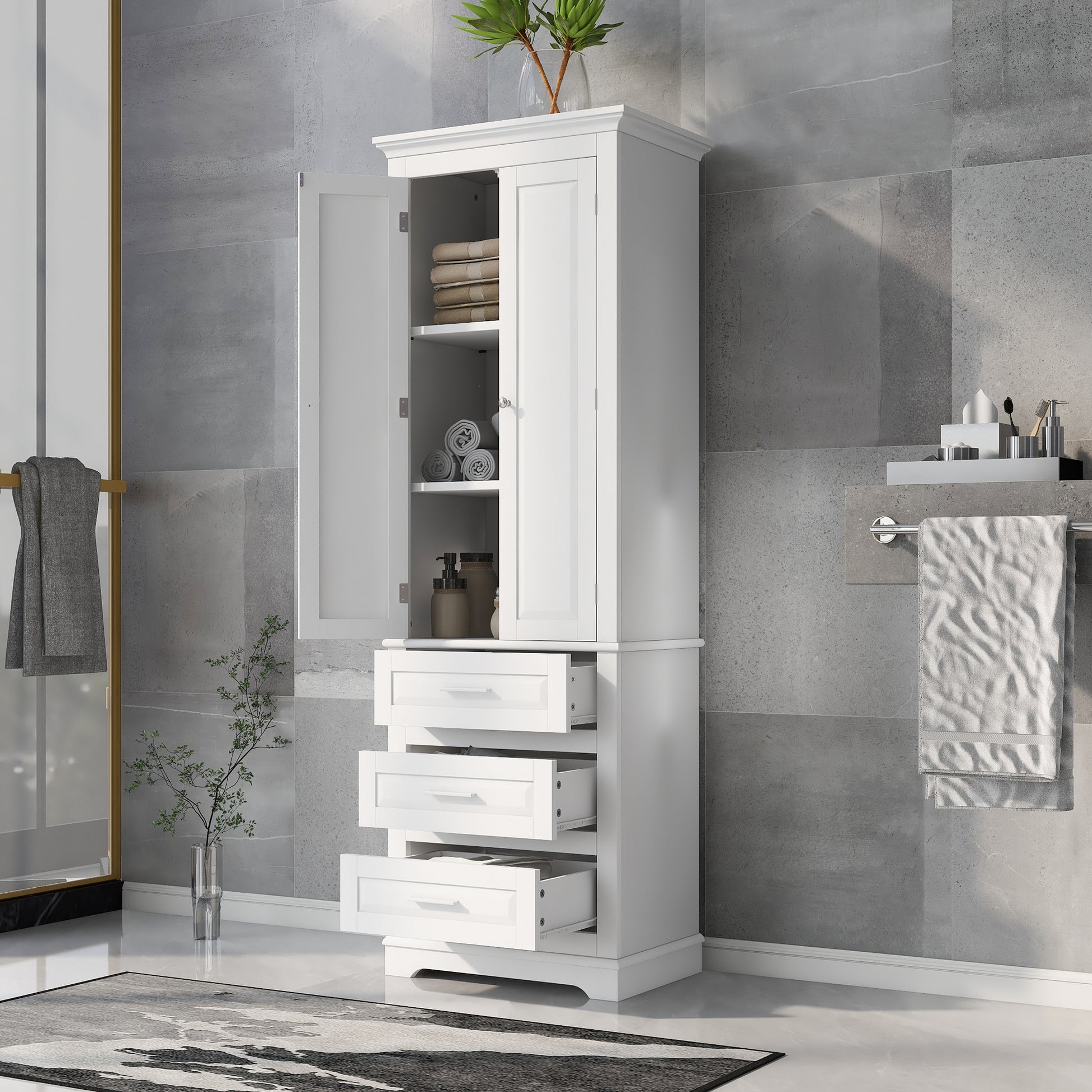 Tall Storage Cabinet With Three Drawers For Bathroom Office, White White Mdf