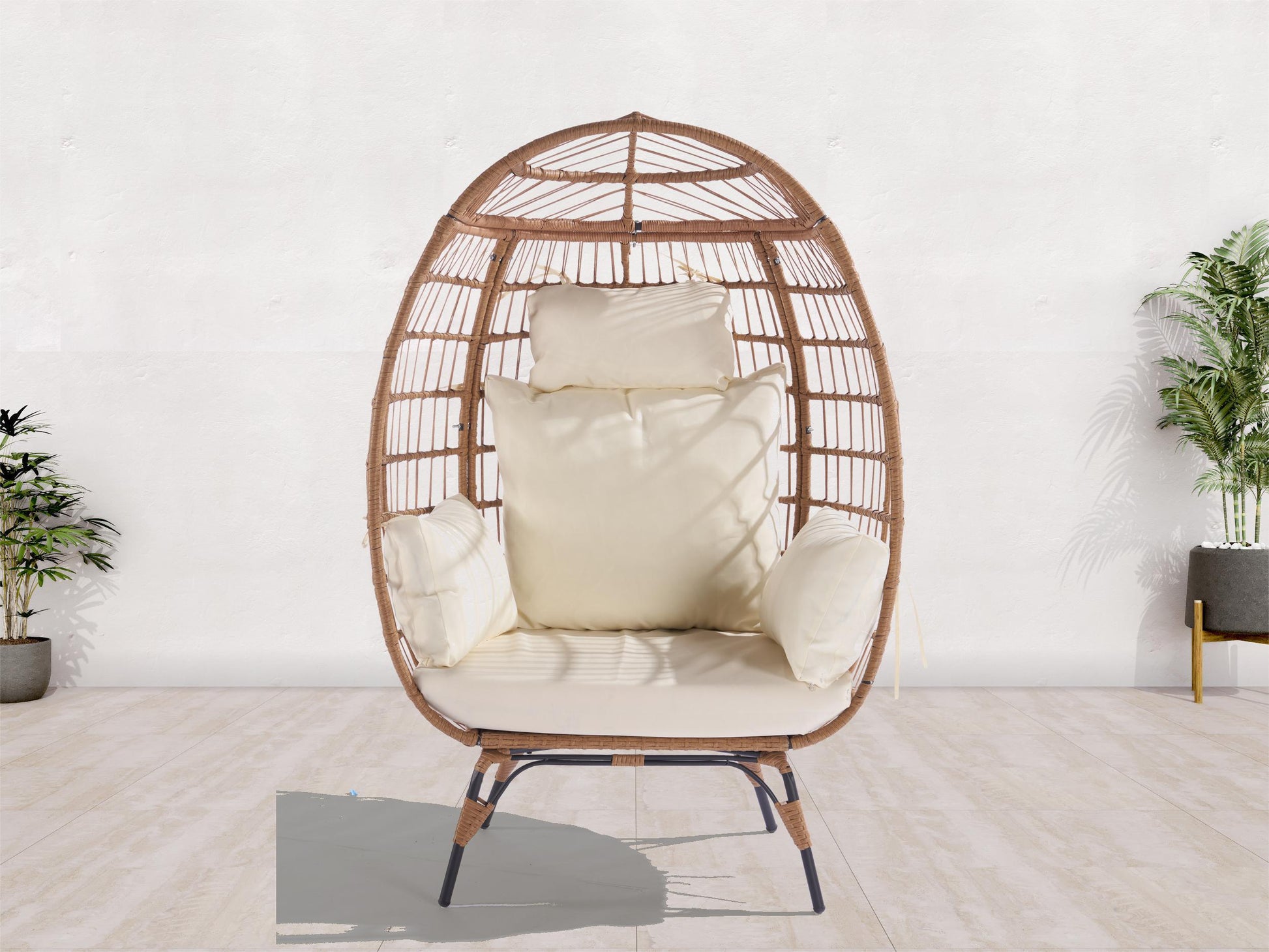 Wicker Egg Chair, Oversized Indoor Outdoor Lounger For Patio, Backyard, Living Room W 5 Cushions, Steel Frame, Beige Yes Complete Patio Set Beige Uv Resistant Frame Water Resistant Cushion Garden & Outdoor American Design Complete Patio Sets