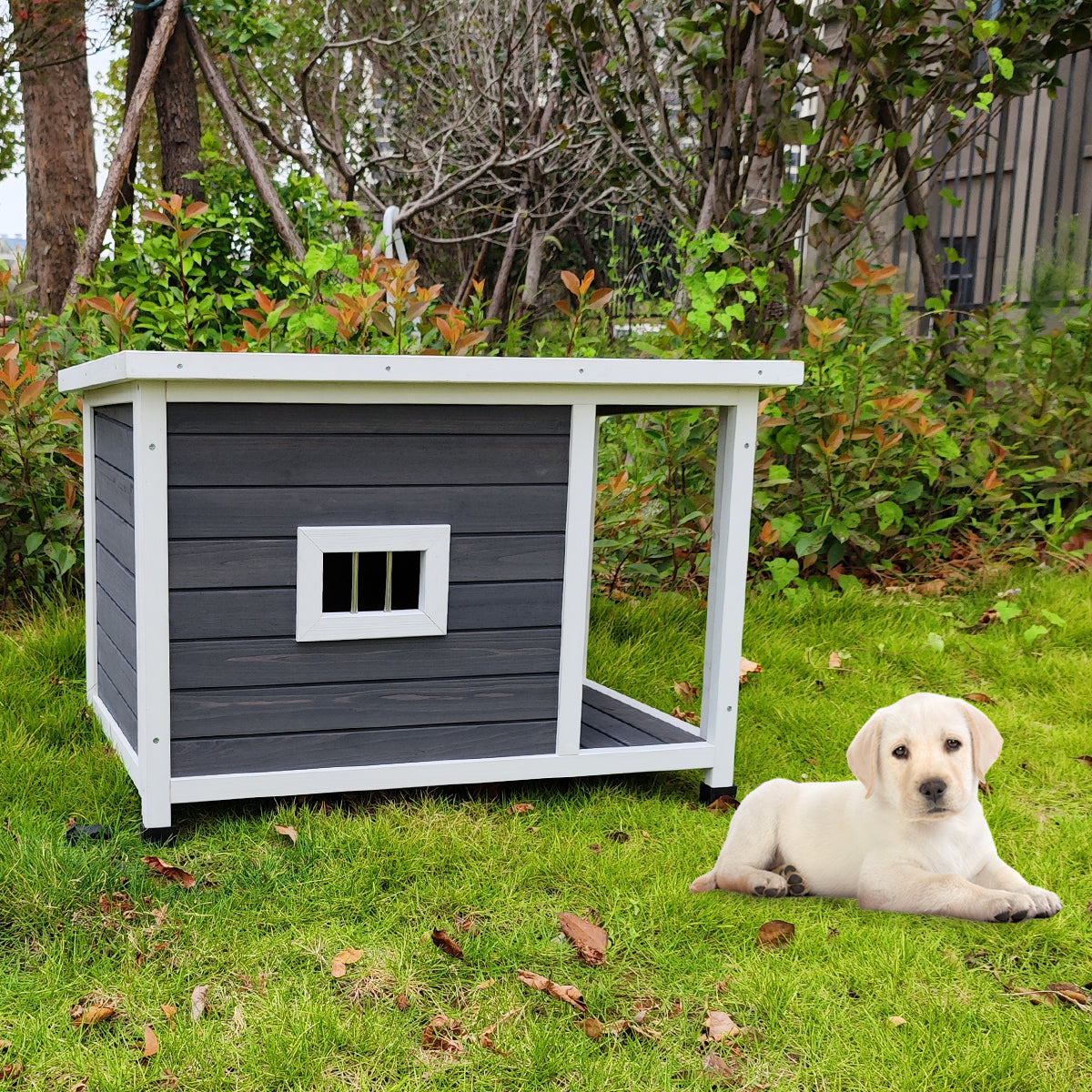 Puppy Dog Kennel ,Waterproof Dog Cage, Wooden Dog House With Porch Deck Gray Solid Wood