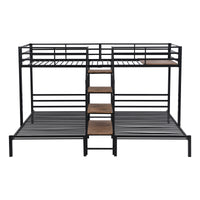 Metal Twin Over Twin & Twin Bunk Bed, Triple Bunk Bed With Storage Shelves Staircase, Black Twin Black Metal & Wood