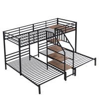 Metal Twin Over Twin & Twin Bunk Bed, Triple Bunk Bed With Storage Shelves Staircase, Black Twin Black Metal & Wood