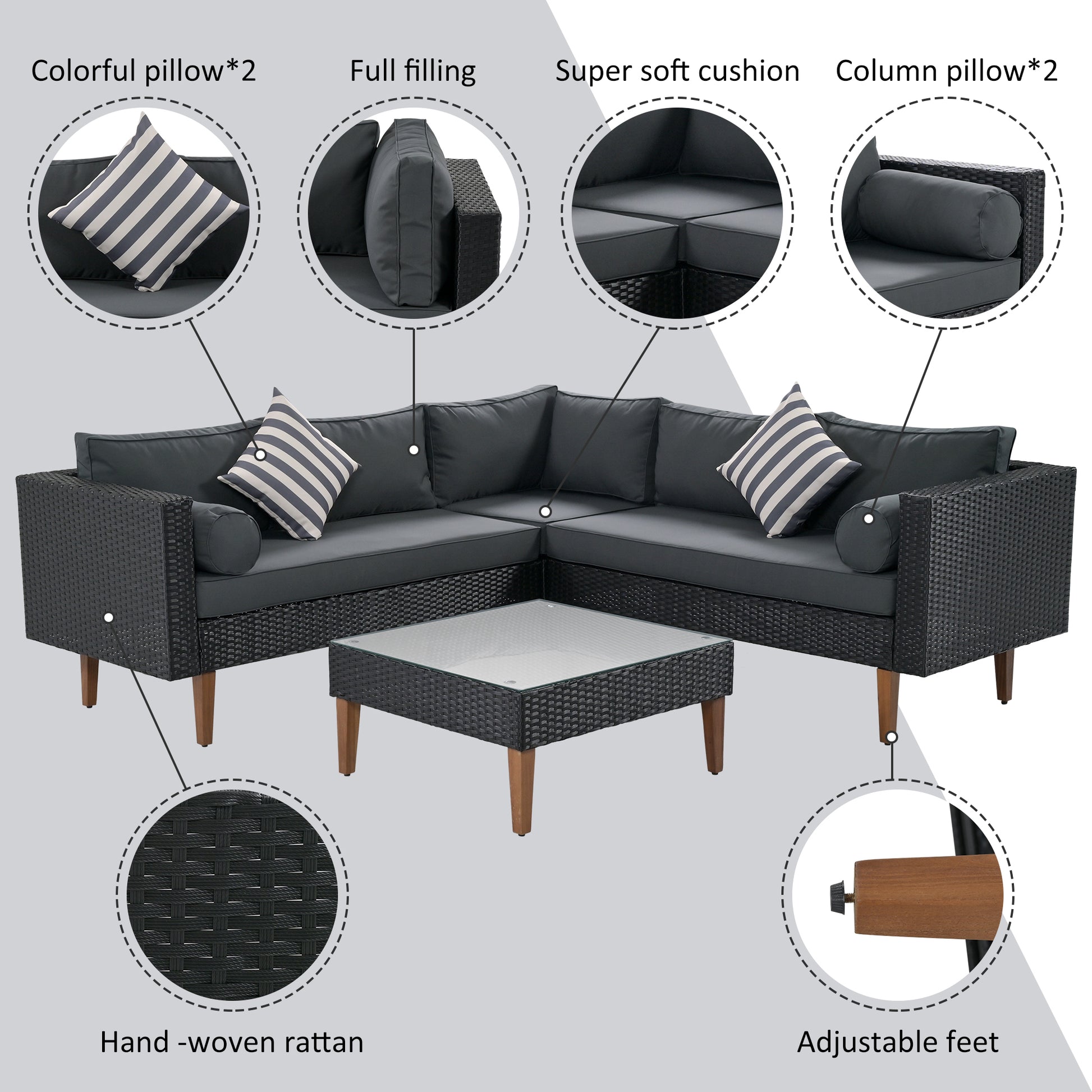 4 Pieces Outdoor Wicker Sofa Set, Patio Furniture With Colorful Pillows, L Shape Sofa Set, Gray Cushions And Black Rattan Yes Black Gray Wicker