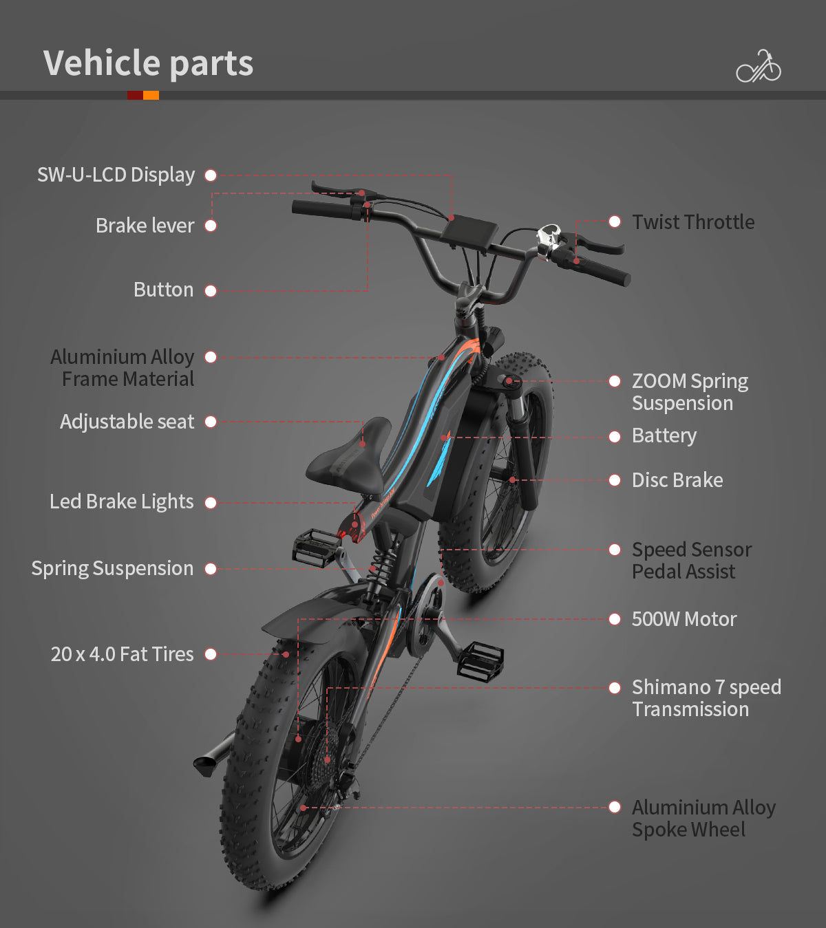 Aostirmotor Electric Bicycle 500W Motor 20" Fat Tire With 48V 15Ah Li Battery S18 Mini Style Black Aluminium