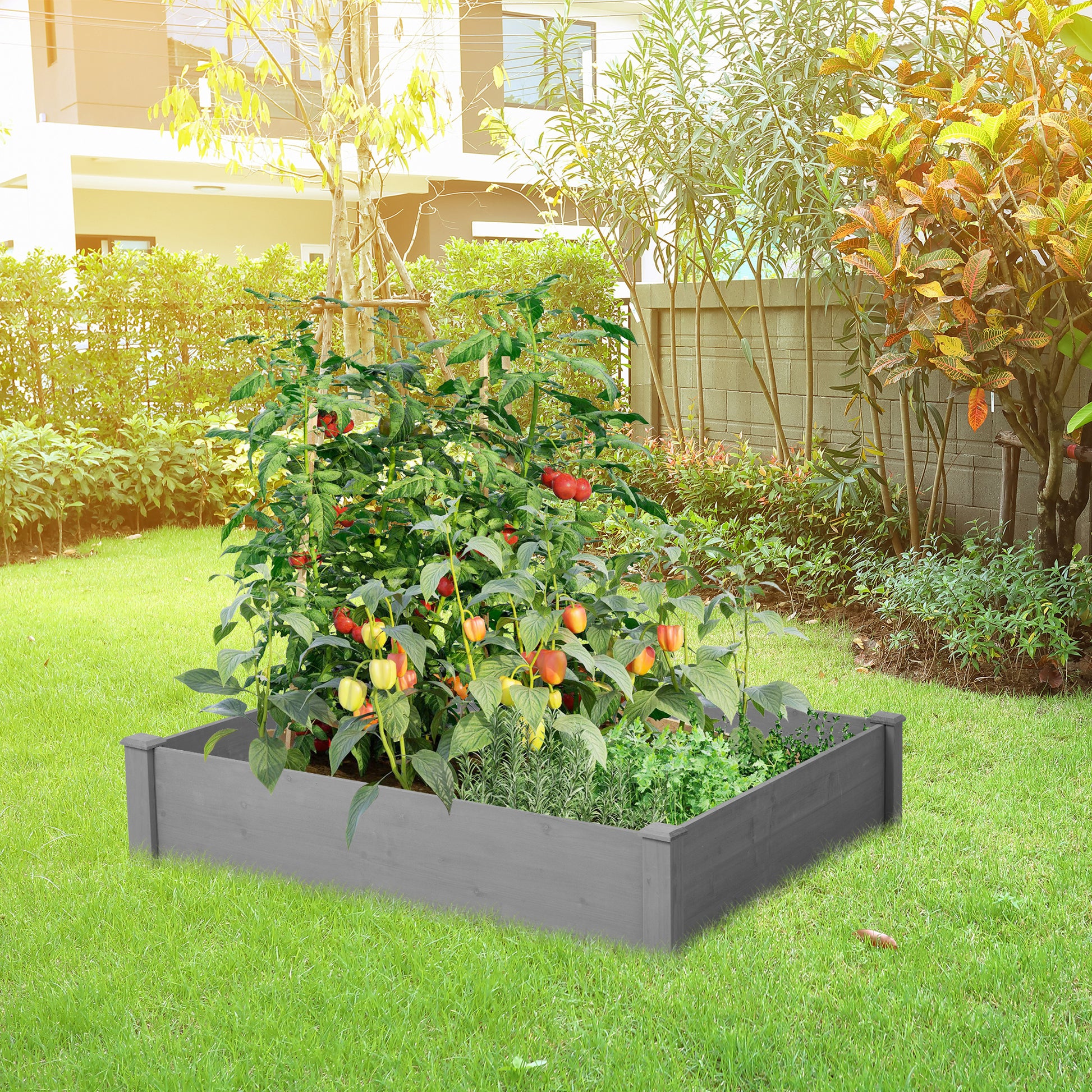 Raised Garden Bed 48X48X10'', Outdoor Wood Planter Box Over Floor, Tool Free Assembly Gray Garden & Outdoor Solid Wood