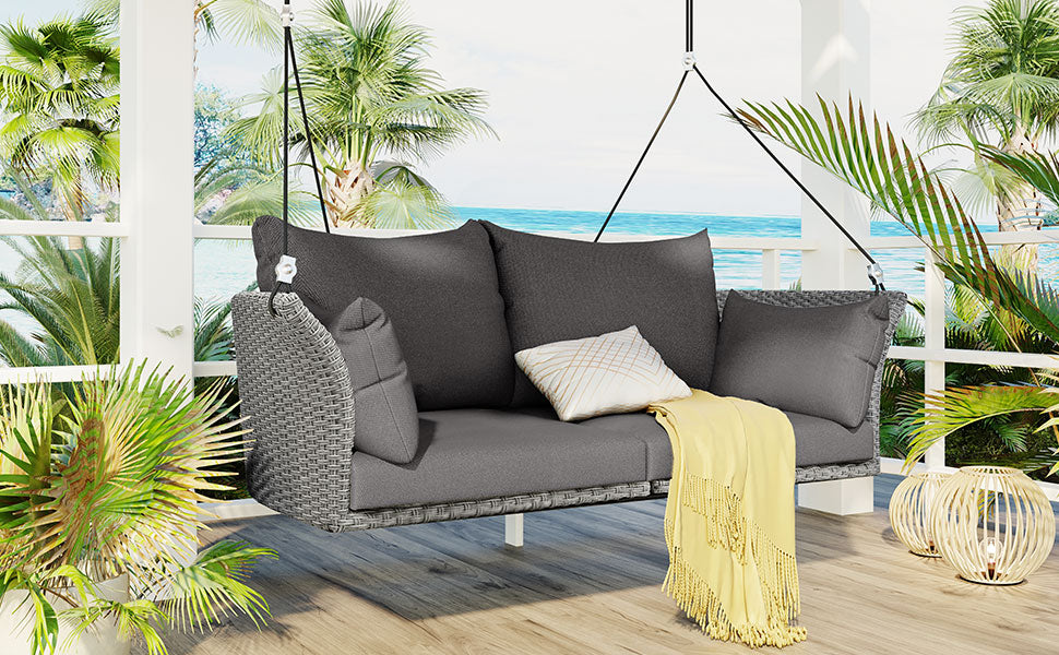 51.9" 2 Person Hanging Seat, Rattan Woven Swing Chair, Porch Swing With Ropes, Gray Wicker And Cushion Yes Gray Garden & Outdoor Wicker