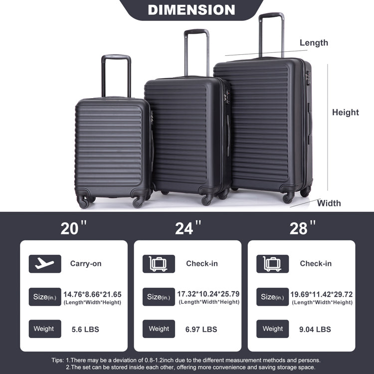 3 Piece Luggage Sets Abs Lightweight Suitcase With Two Hooks, Spinner Wheels, Tsa Lock, 20 24 28 Black Black Abs