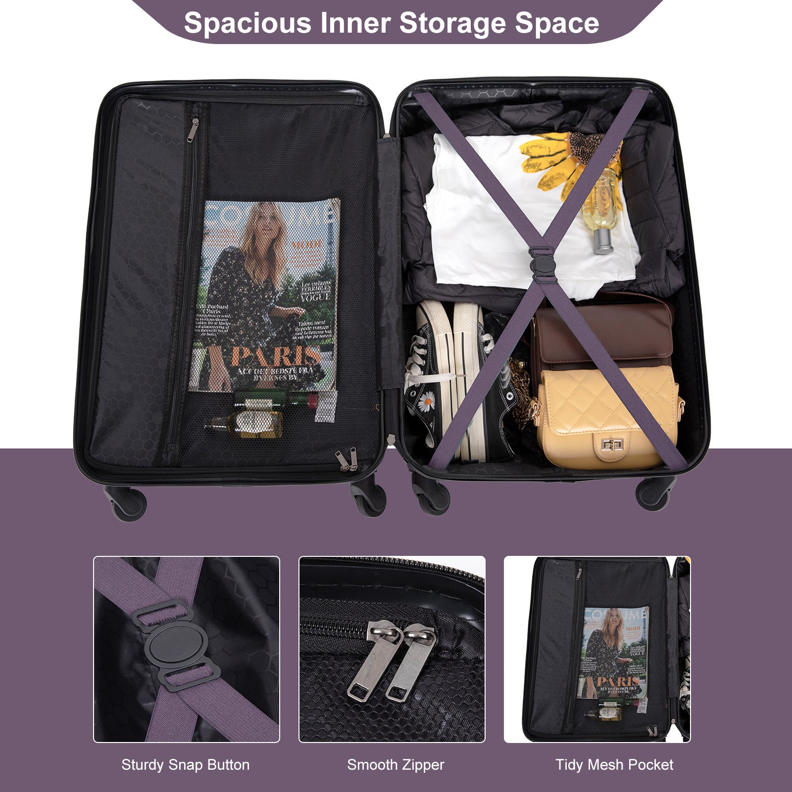 3 Piece Luggage Sets Abs Lightweight Suitcase With Two Hooks, Spinner Wheels, Tsa Lock, 20 24 28 Purple Purple Abs