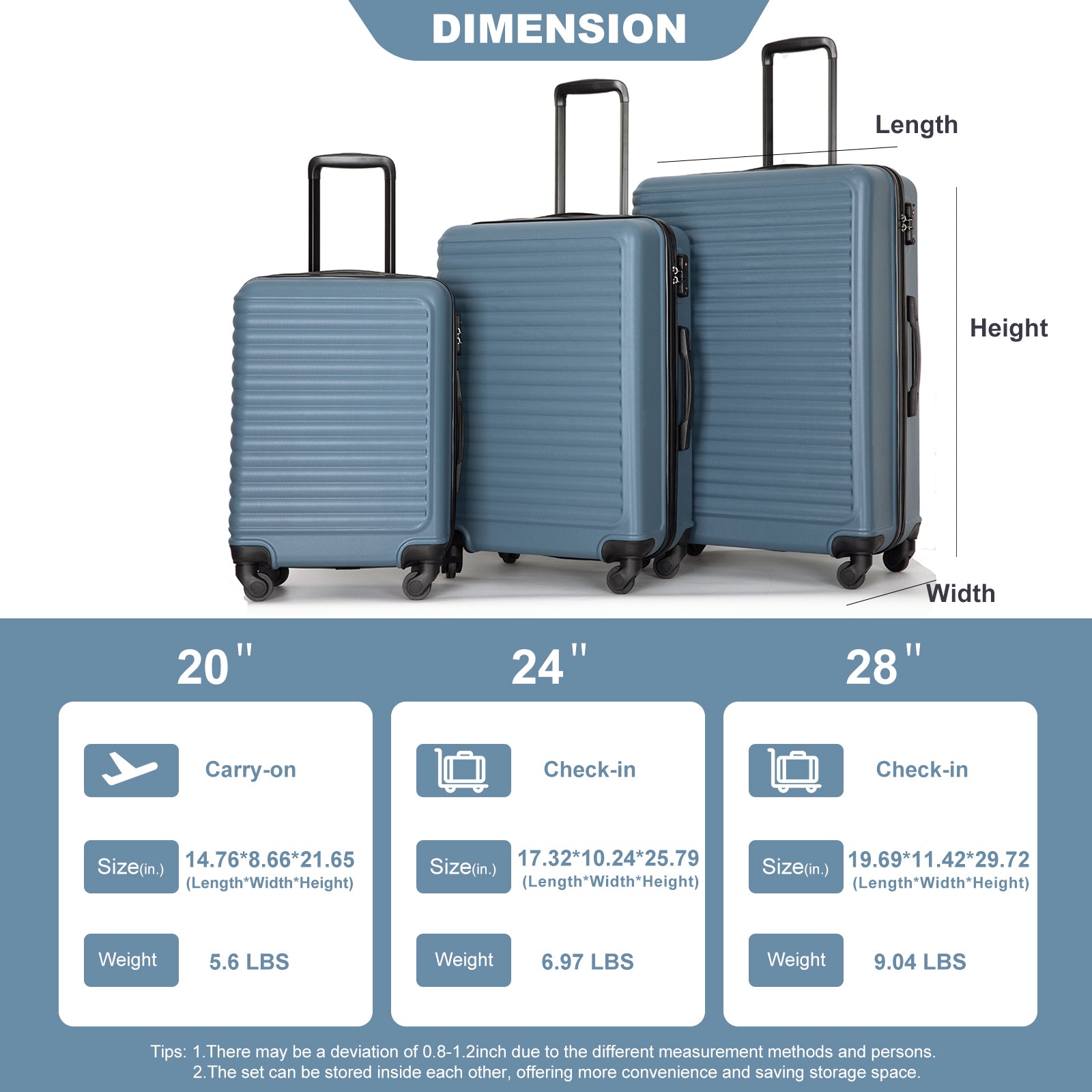 3 Piece Luggage Sets Abs Lightweight Suitcase With Two Hooks, Spinner Wheels, Tsa Lock, 20 24 28 Blue Blue Abs