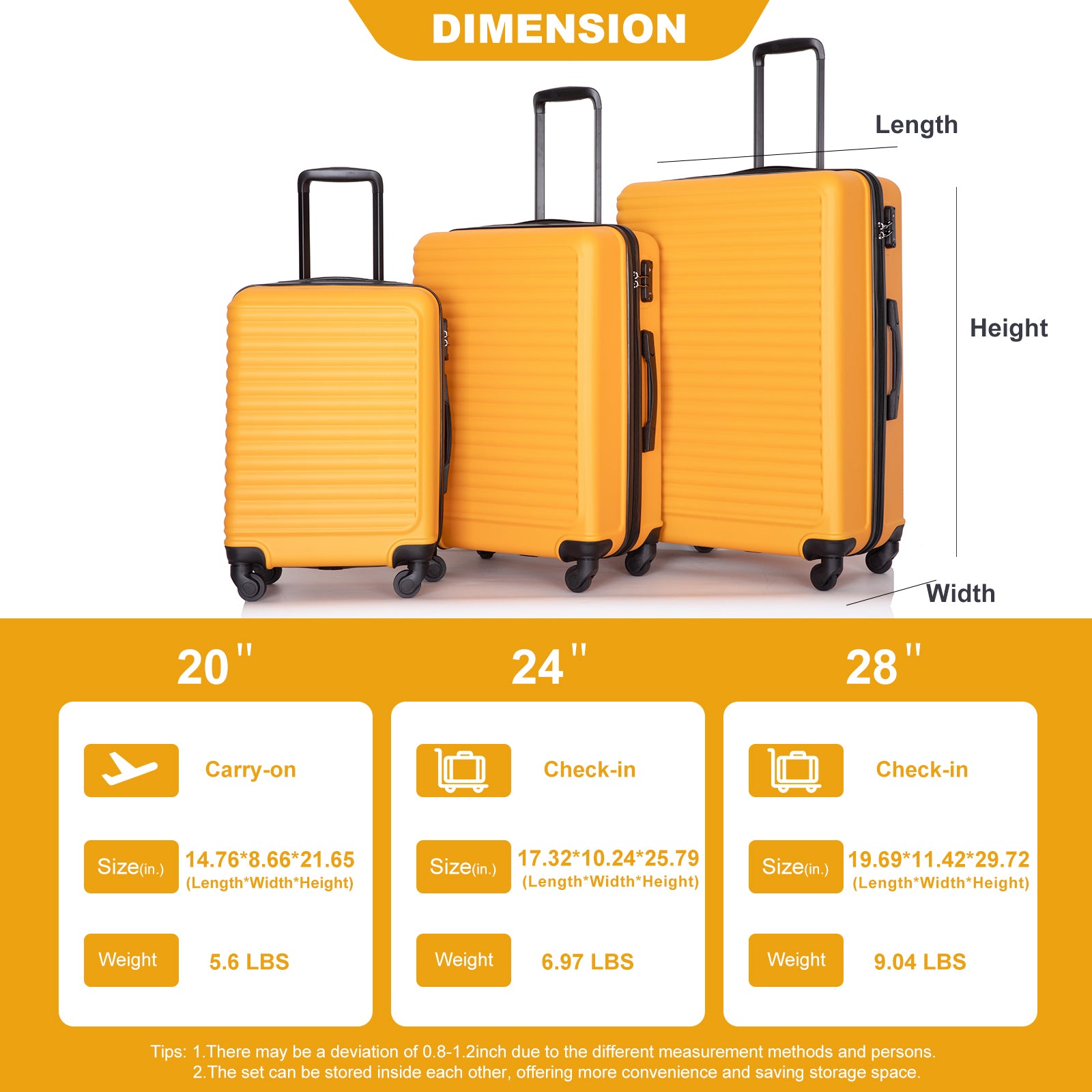 3 Piece Luggage Sets Abs Lightweight Suitcase With Two Hooks, Spinner Wheels, Tsa Lock, 20 24 28 Orange Orange Abs