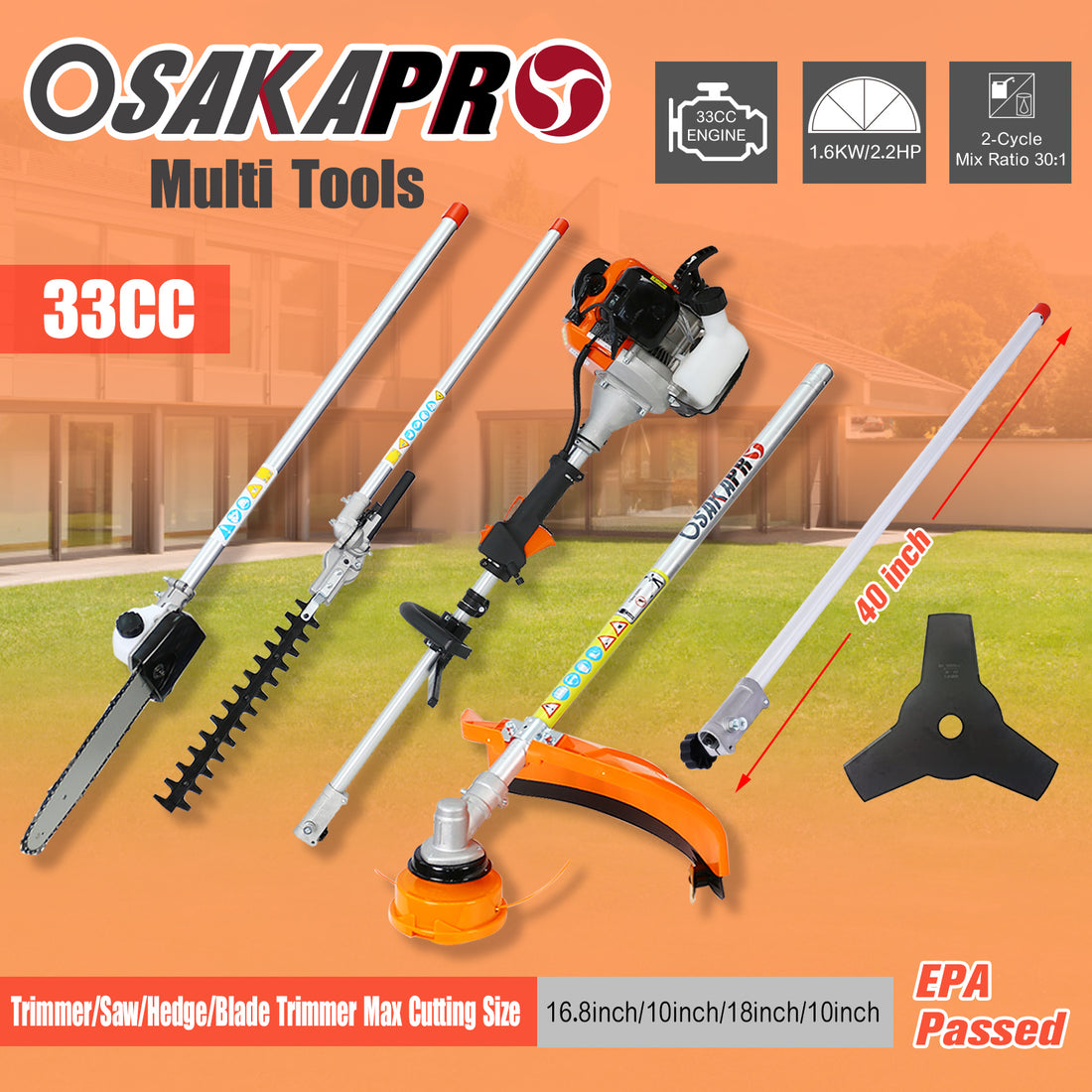 10 In 1 Multi Functional Trimming Tool, 33Cc 2 Cycle Garden Tool System With Gas Pole Saw, Hedge Trimmer, Grass Trimmer, And Brush Cutter Epa Compliant Orange Plastic