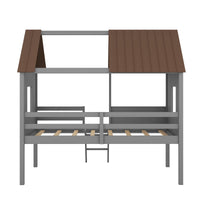 Twin Size Low Loft Wood House Bed With Two Side Windows Gray Brown Old Sku: Lp000037Aal Gray Solid Wood