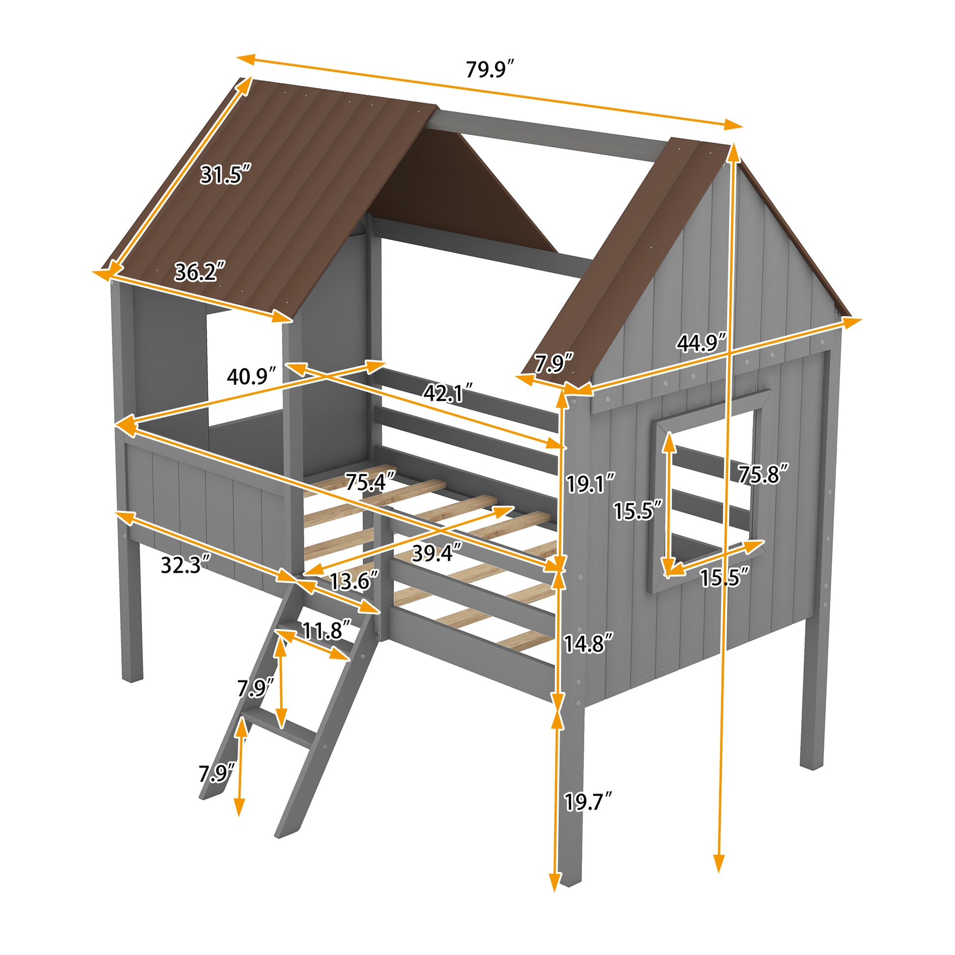 Twin Size Low Loft Wood House Bed With Two Side Windows Gray Brown Old Sku: Lp000037Aal Gray Solid Wood