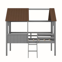 Twin Size Low Loft Wood House Bed With Two Side Windows Gray Brown Old Sku: Lp000037Aal Gray Solid Wood