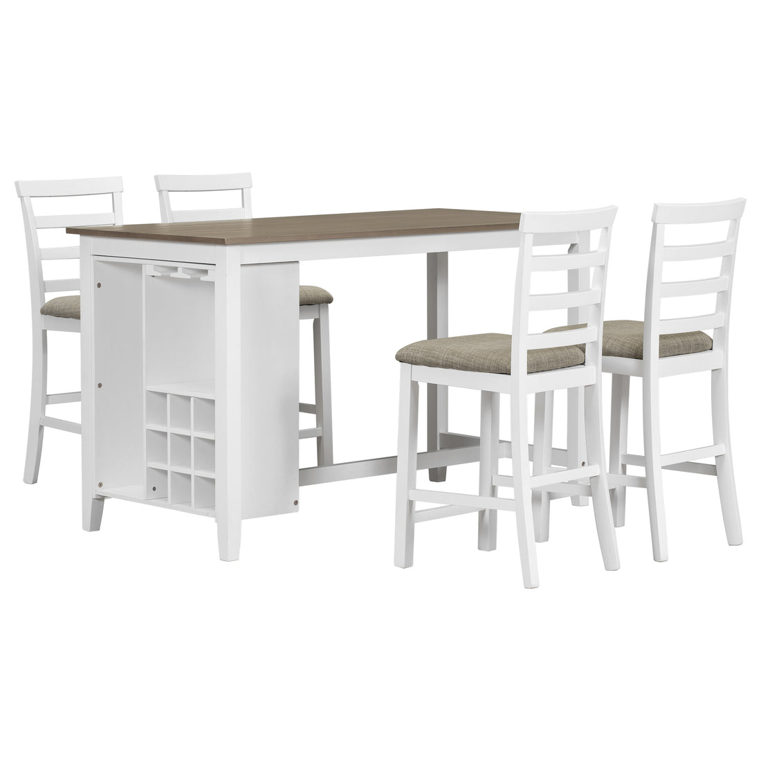 5 Piece Multi Functional Rubber Wood Counter Height Dining Set With Padded Chairs And Integrated 9 Bar Wine Compartment, Wineglass Holders For Dining Room Brown White Wash Brown Whitewash Solid Wood