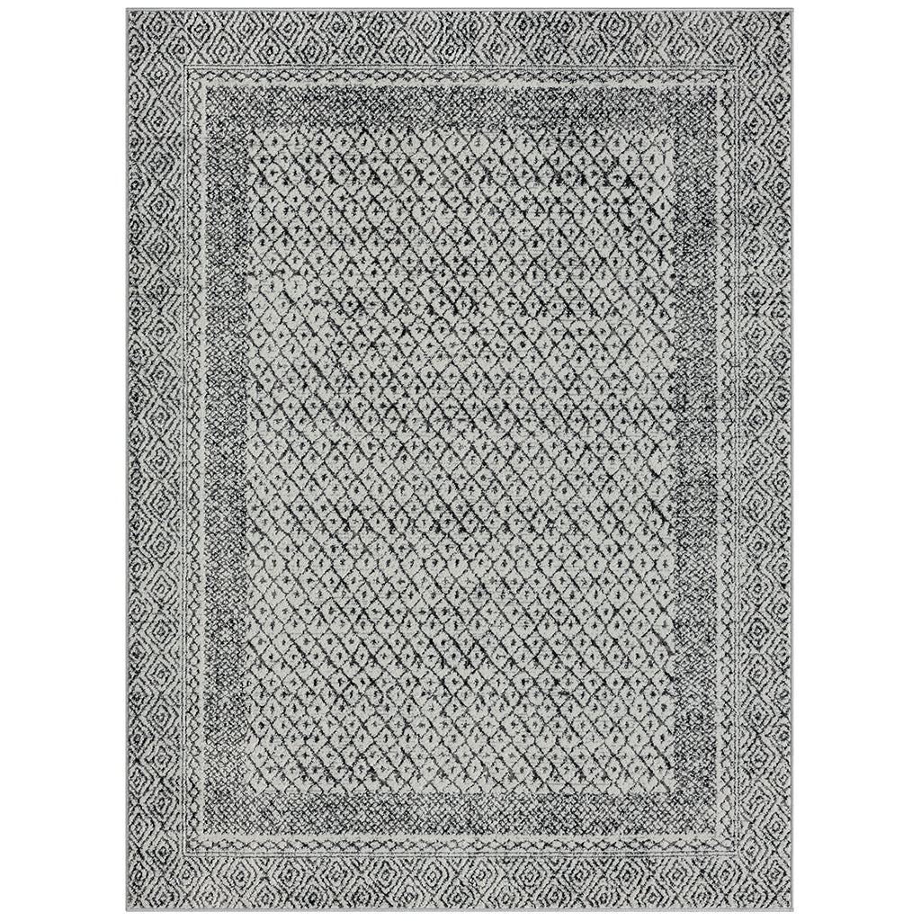 Moroccan Bordered Global Woven Area Rug Grey Cream Polyester