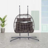 2 Person Outdoor Rattan Hanging Chair Patio Wicker Egg Chair Yes Sectional Dark Gray Uv Resistant Frame Water Resistant Cushion Garden & Outdoor American Design,American Traditional 2 Person Seating Group Polyester Rattan