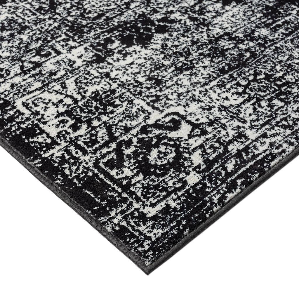 Distressed Vintage Persian Woven Area Rug Black Cream Polyester