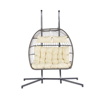 2 Person Outdoor Rattan Hanging Chair Patio Wicker Egg Chair Yes Sectional Beige Uv Resistant Frame Water Resistant Cushion Garden & Outdoor American Design,Classic 2 Person Seating Group Polyester Rattan