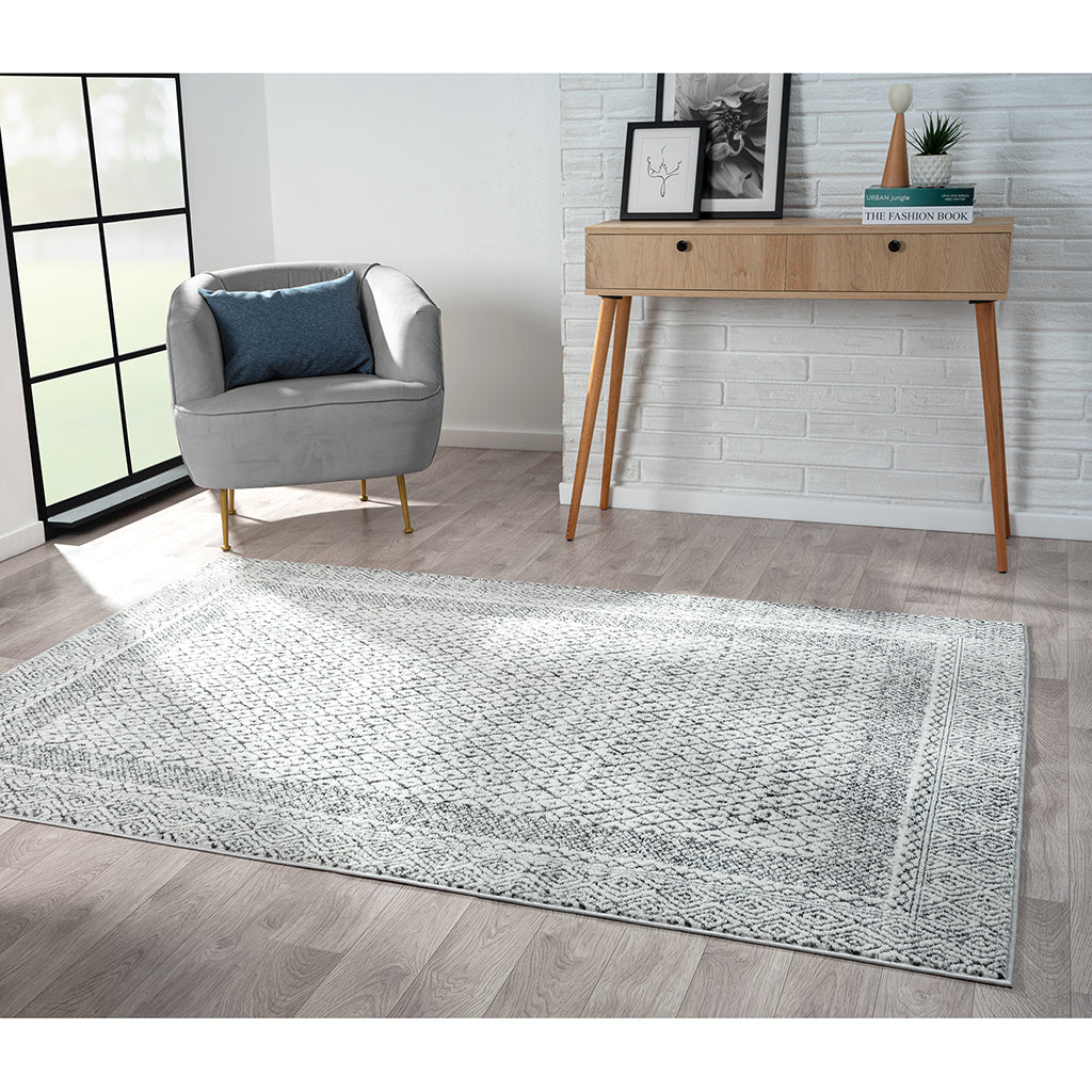 Moroccan Bordered Global Woven Area Rug Grey Cream Polyester