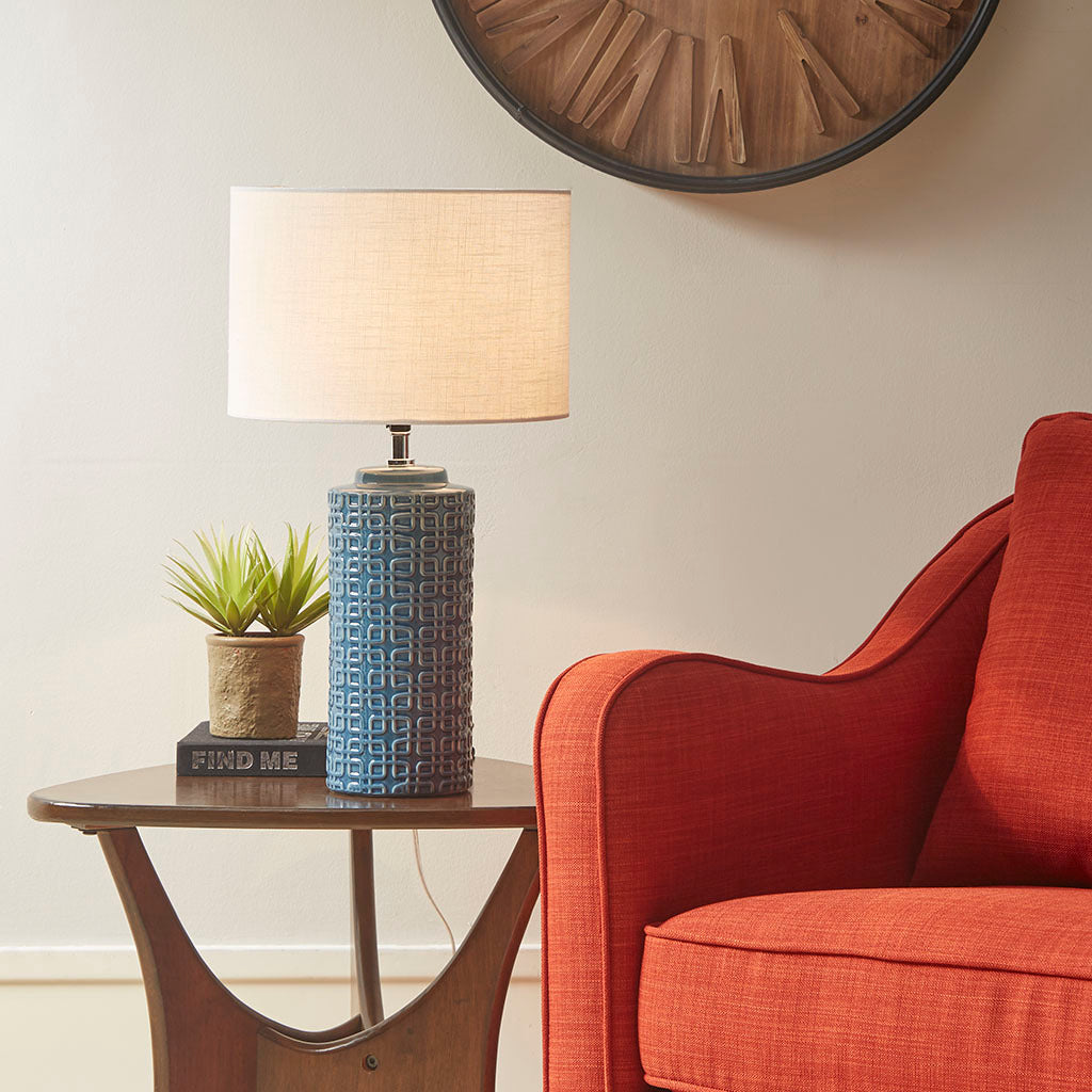 Geometric Ceramic Table Lamp Blue Polyester