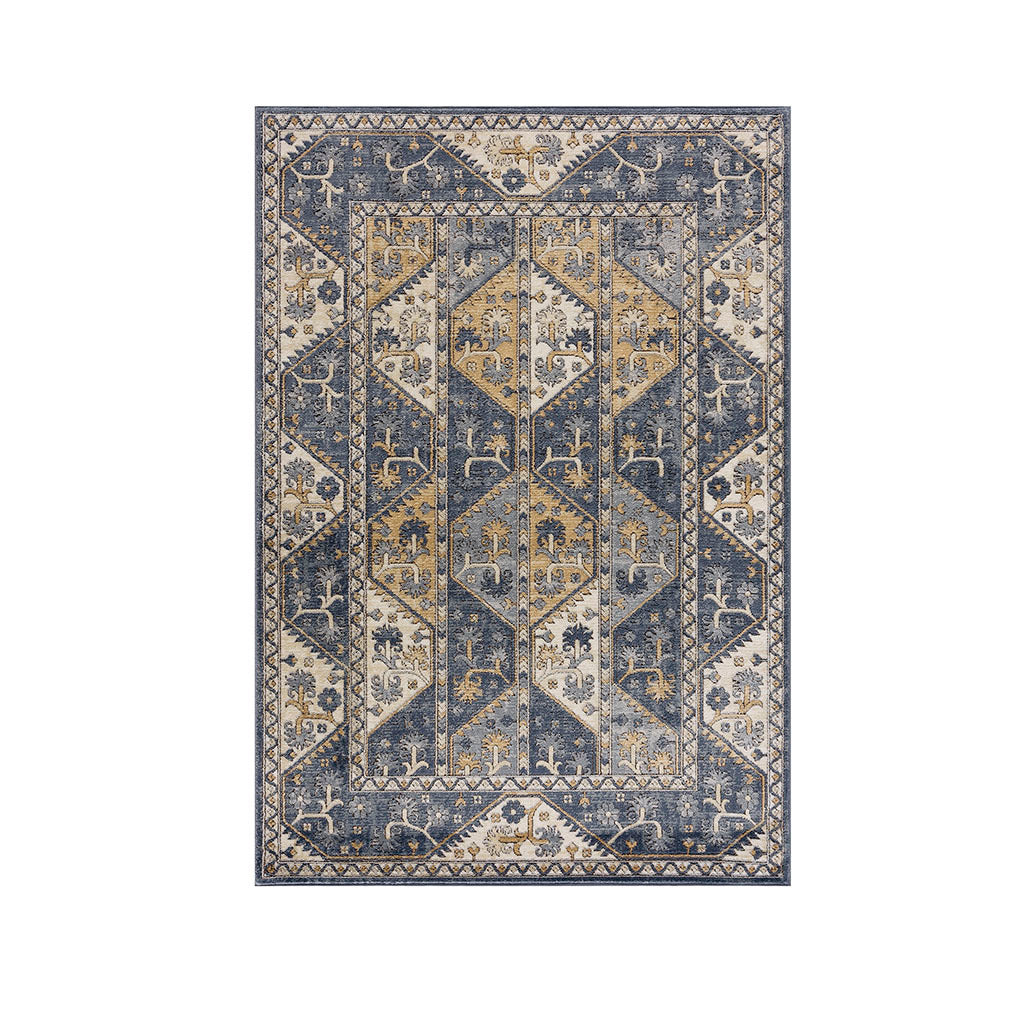 Tiled Border Area Rug Blue Cream Polyester