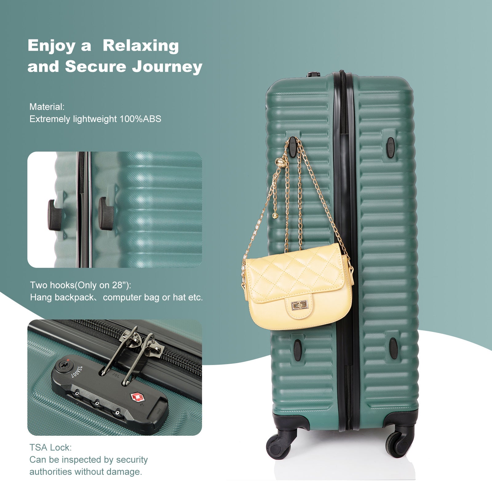 3 Piece Luggage Sets Abs Lightweight Suitcase With Two Hooks, Spinner Wheels, Tsa Lock, 20 24 28 Green Green Abs