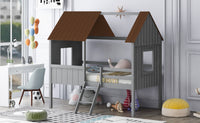 Twin Size Low Loft Wood House Bed With Two Side Windows Gray Brown Old Sku: Lp000037Aal Gray Solid Wood