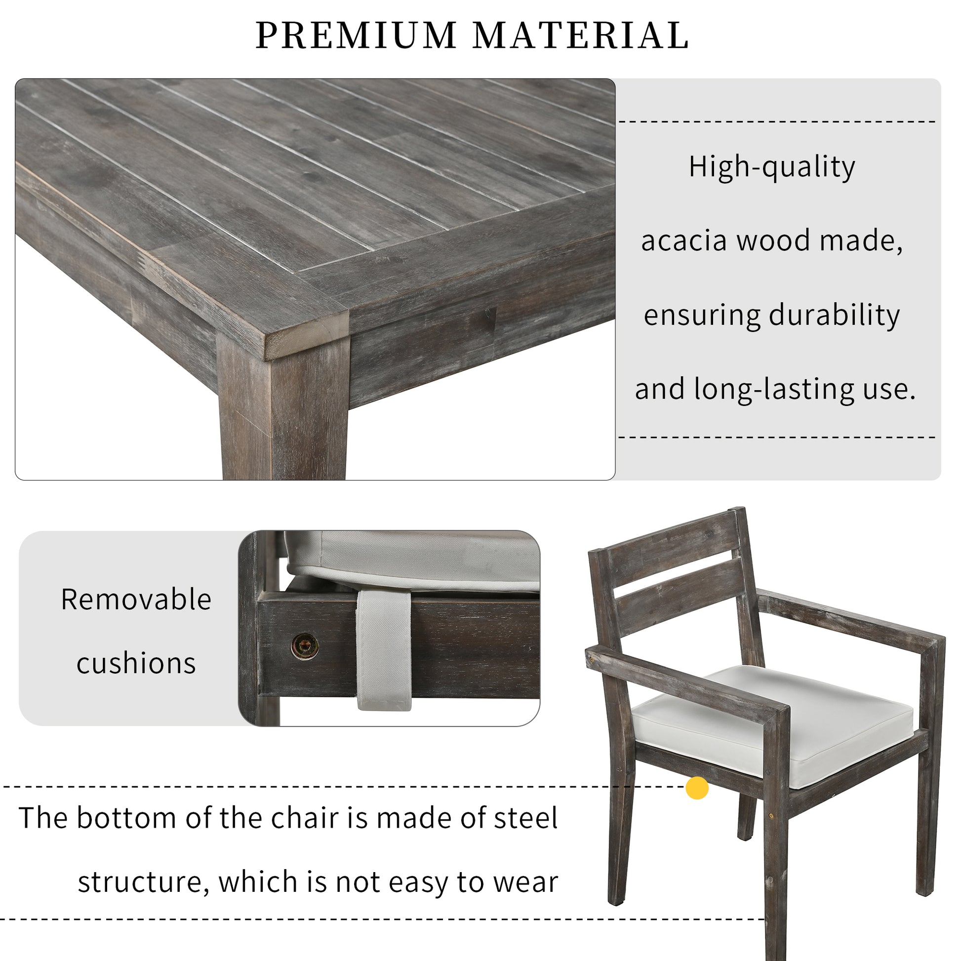 Acacia Wood Outdoor Dining Table And Chairs Suitable For Patio, Balcony Or Backyard Grey Acacia Wood