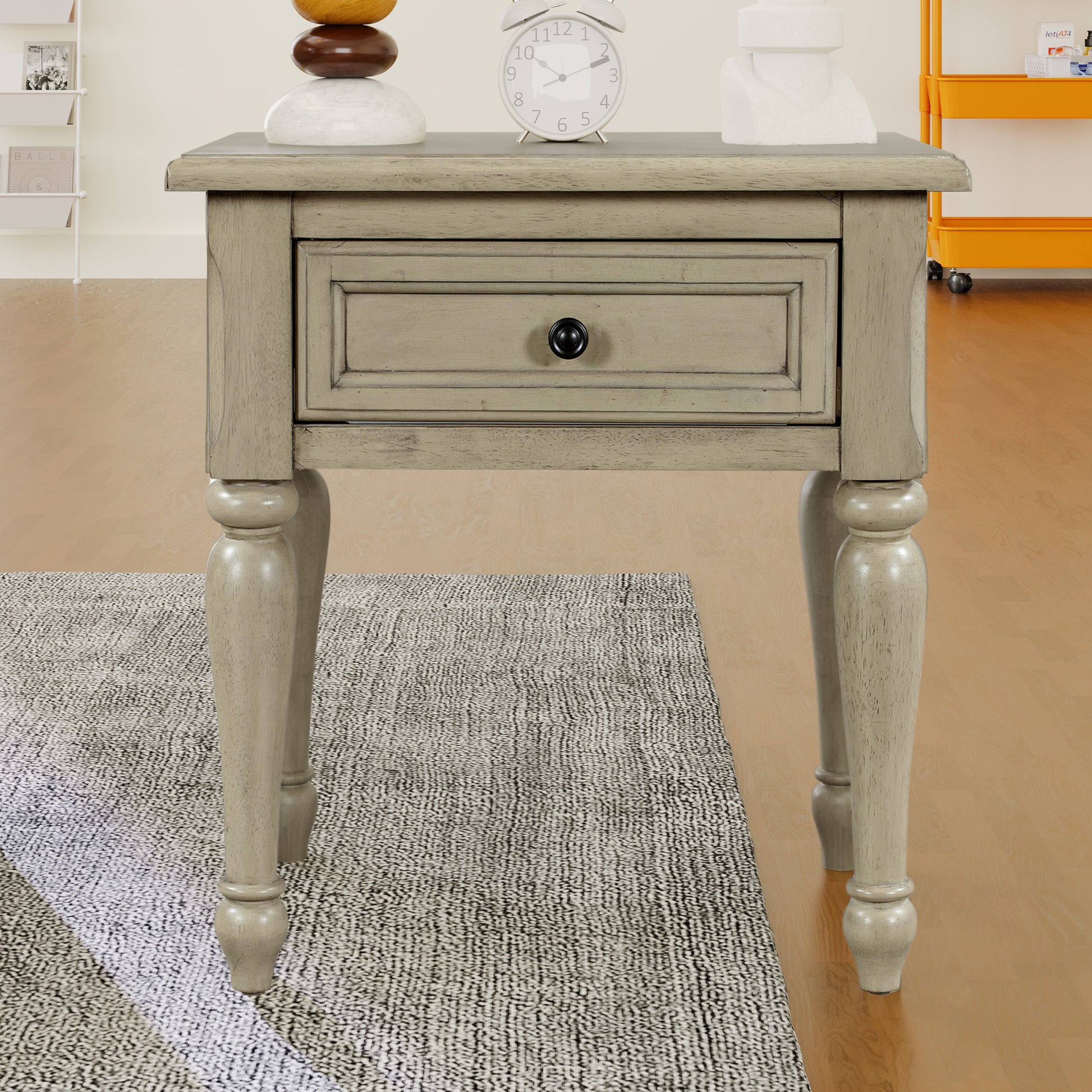 Solid Wood Traditional One Drawer Side Table End Table Nightstand, Stone Gray Stone Gray Solid Wood Mdf