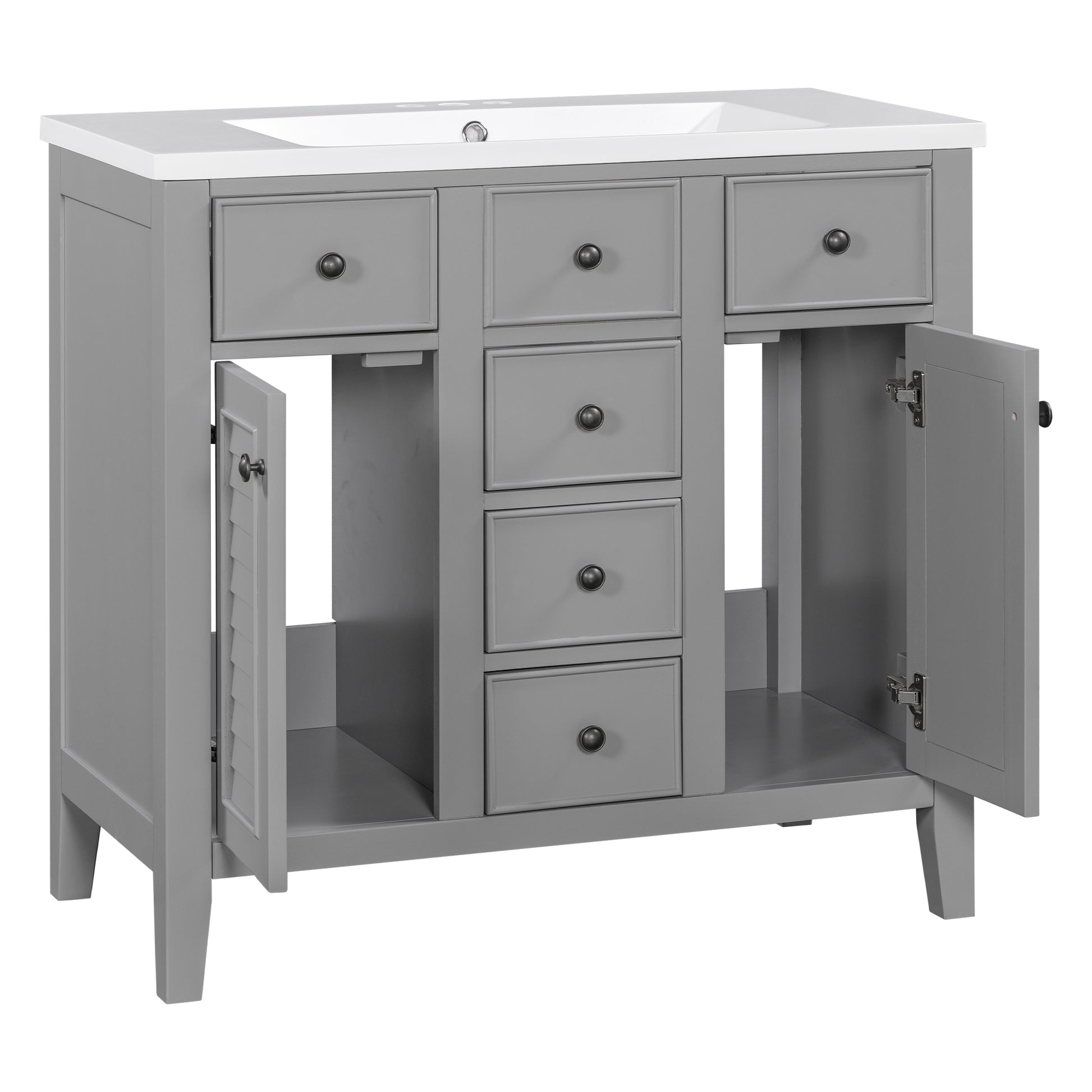 36" Bathroom Vanity With Ceramic Basin, Two Cabinets And Five Drawers, Solid Wood Frame, Grey Old Sku: Sy999202Aae 1 Grey Solid Wood Mdf