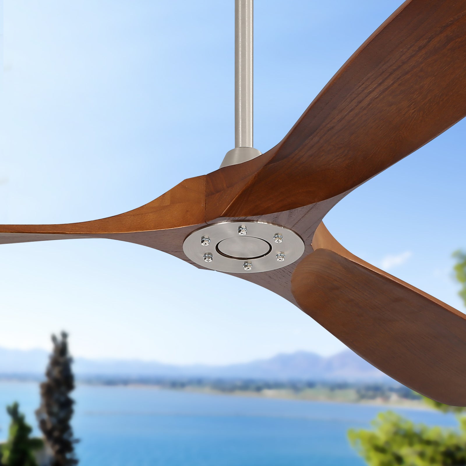 60 Inch Indoor Modern Ceiling Fan With 6 Speed Remote Control 3 Solid Wood Blade For Living Room Brushed Nickel Metal & Wood