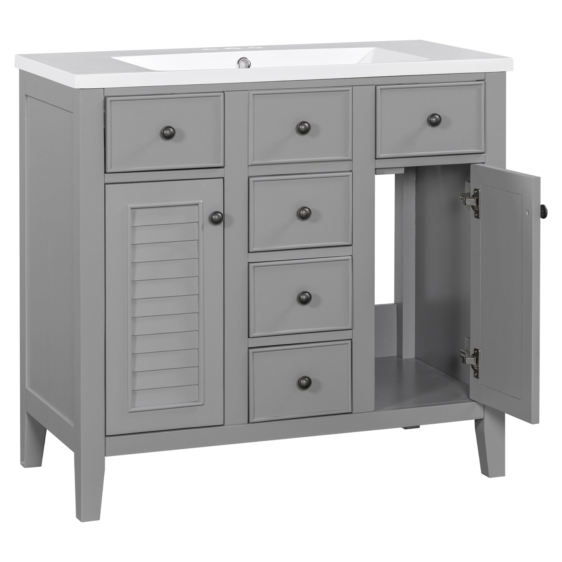 36" Bathroom Vanity With Ceramic Basin, Two Cabinets And Five Drawers, Solid Wood Frame, Grey Old Sku: Sy999202Aae 1 Grey Solid Wood Mdf