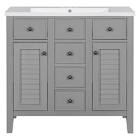 36" Bathroom Vanity With Ceramic Basin, Two Cabinets And Five Drawers, Solid Wood Frame, Grey Old Sku: Sy999202Aae 1 Grey Solid Wood Mdf