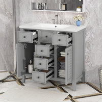 36" Bathroom Vanity With Ceramic Basin, Two Cabinets And Five Drawers, Solid Wood Frame, Grey Old Sku: Sy999202Aae 1 Grey Solid Wood Mdf