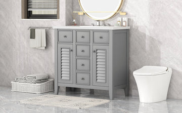 36" Bathroom Vanity With Ceramic Basin, Two Cabinets And Five Drawers, Solid Wood Frame, Grey Old Sku: Sy999202Aae 1 Grey Solid Wood Mdf