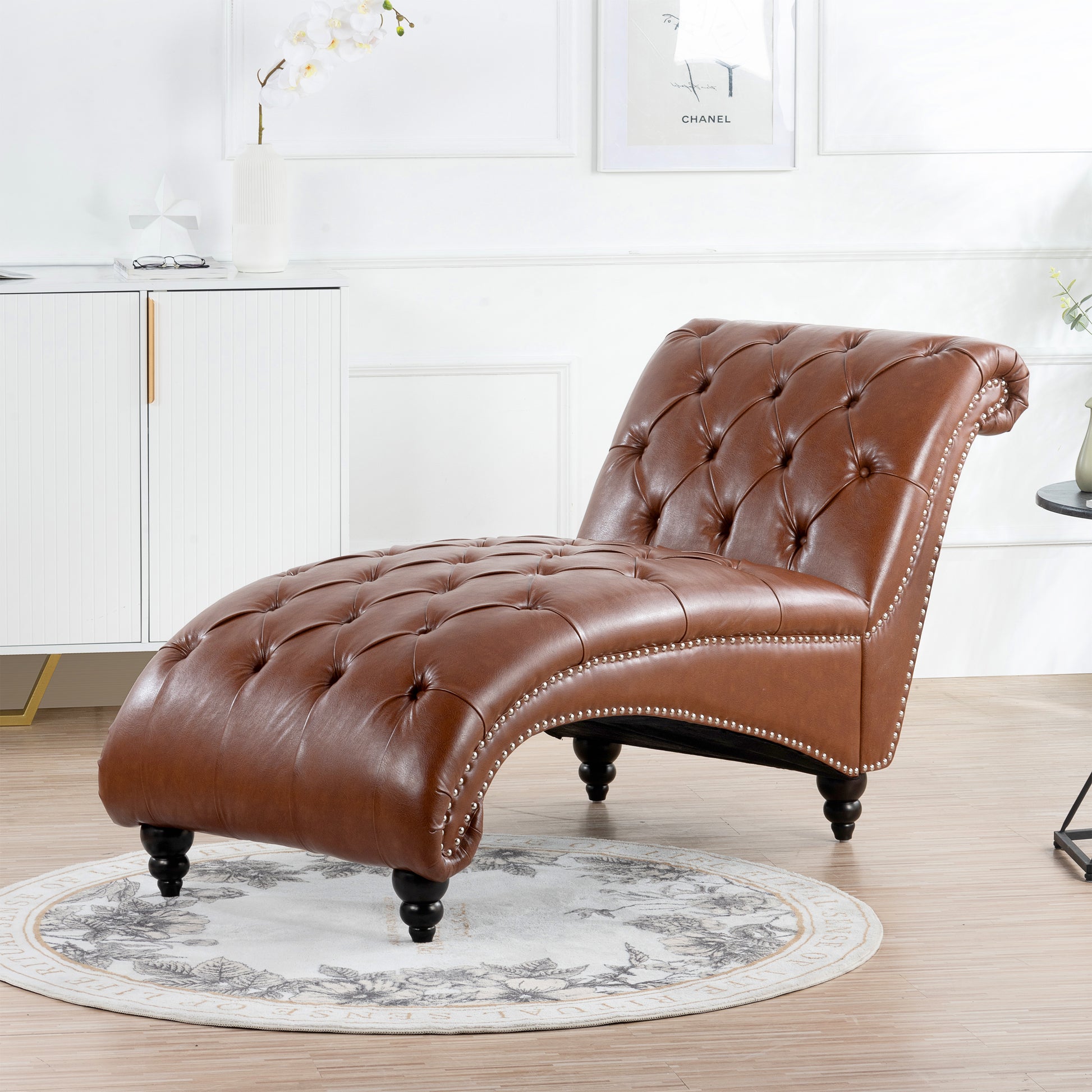 Tufted Armless Chaise Lounge Brown Pu Pu Pu