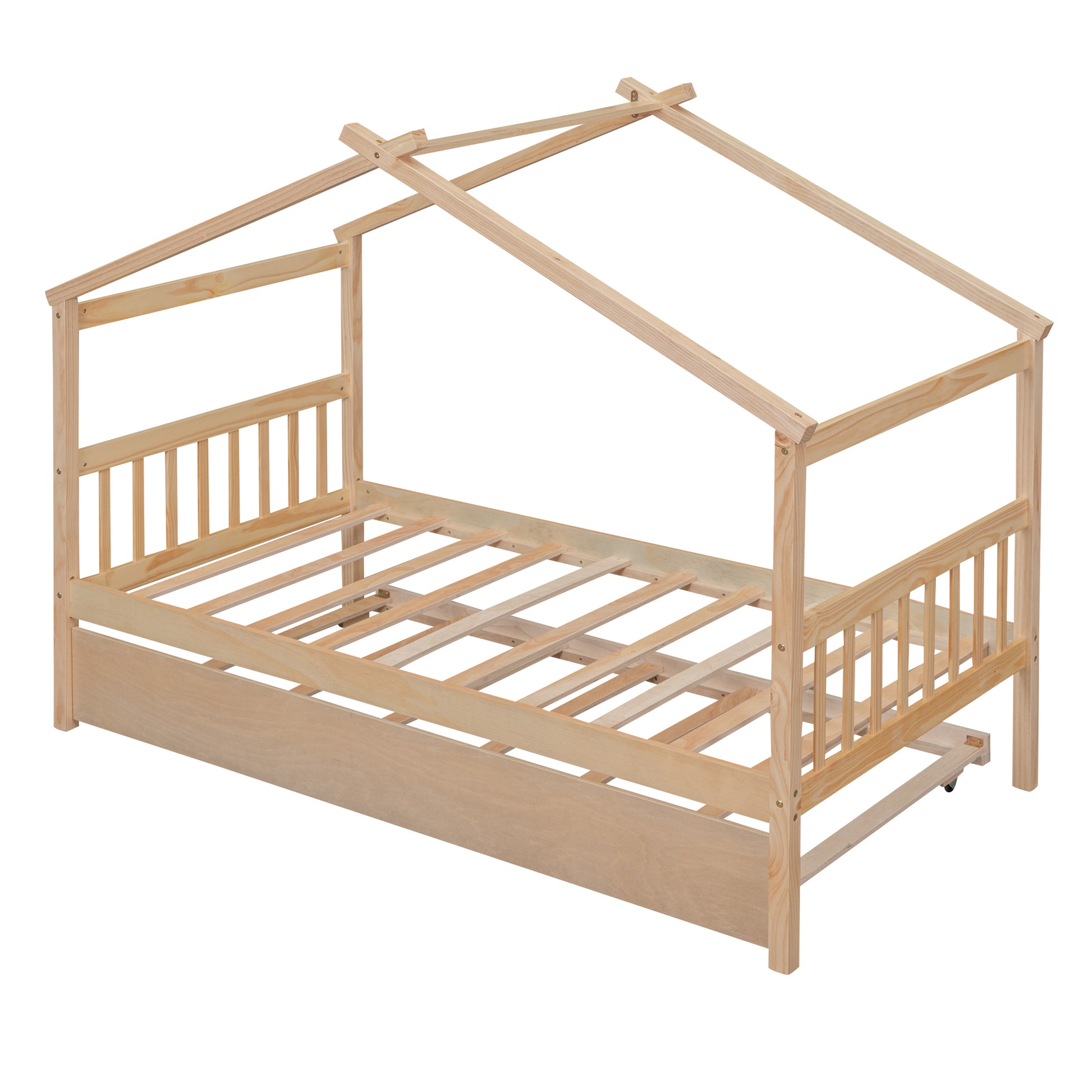 Twin Size Wooden House Bed With Twin Size Trundle, Natural Natural Solid Wood