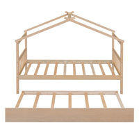 Twin Size Wooden House Bed With Twin Size Trundle, Natural Natural Solid Wood