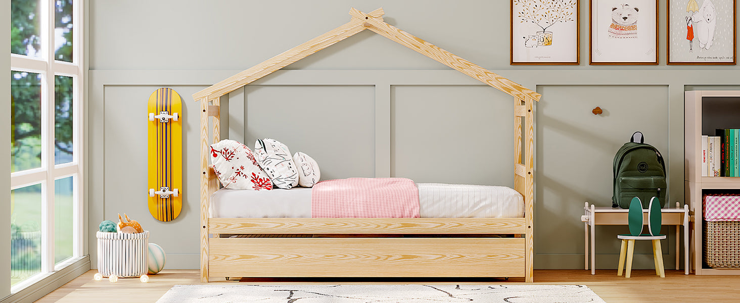 Twin Size Wooden House Bed With Twin Size Trundle, Natural Natural Solid Wood