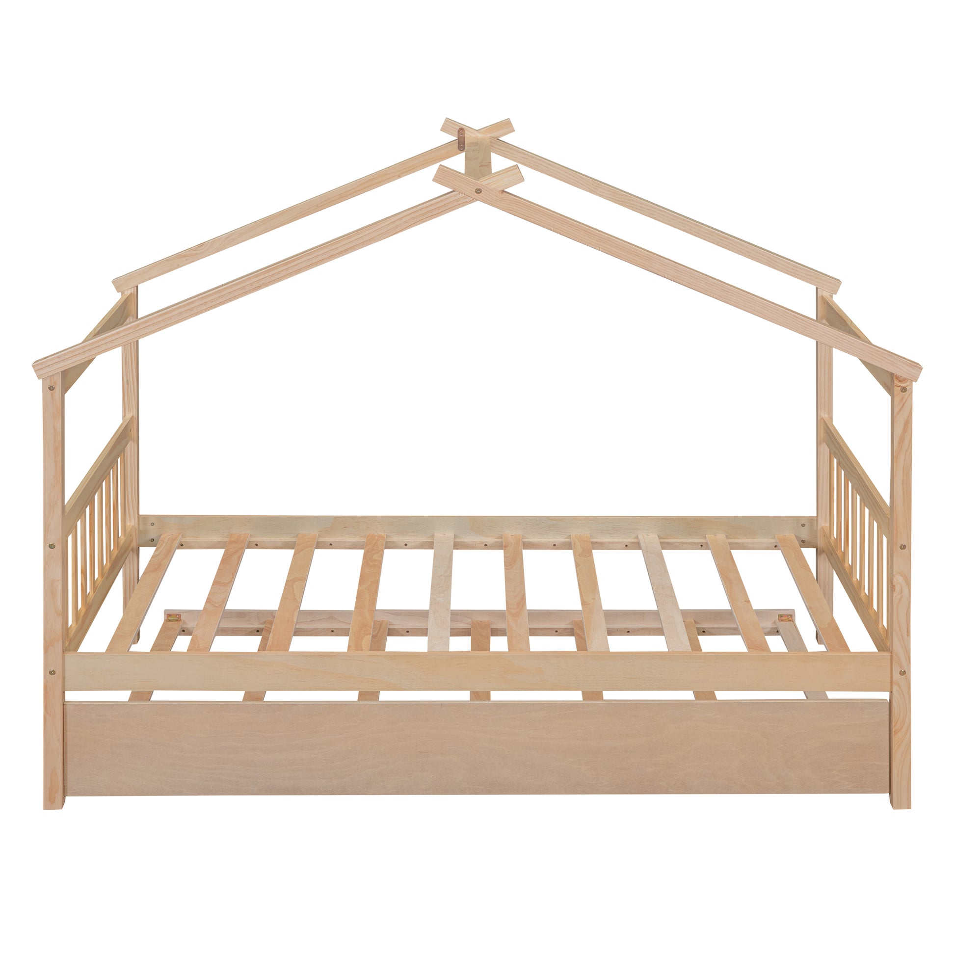 Twin Size Wooden House Bed With Twin Size Trundle, Natural Natural Solid Wood