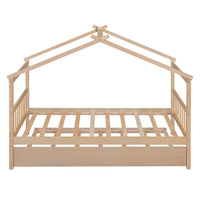 Twin Size Wooden House Bed With Twin Size Trundle, Natural Natural Solid Wood