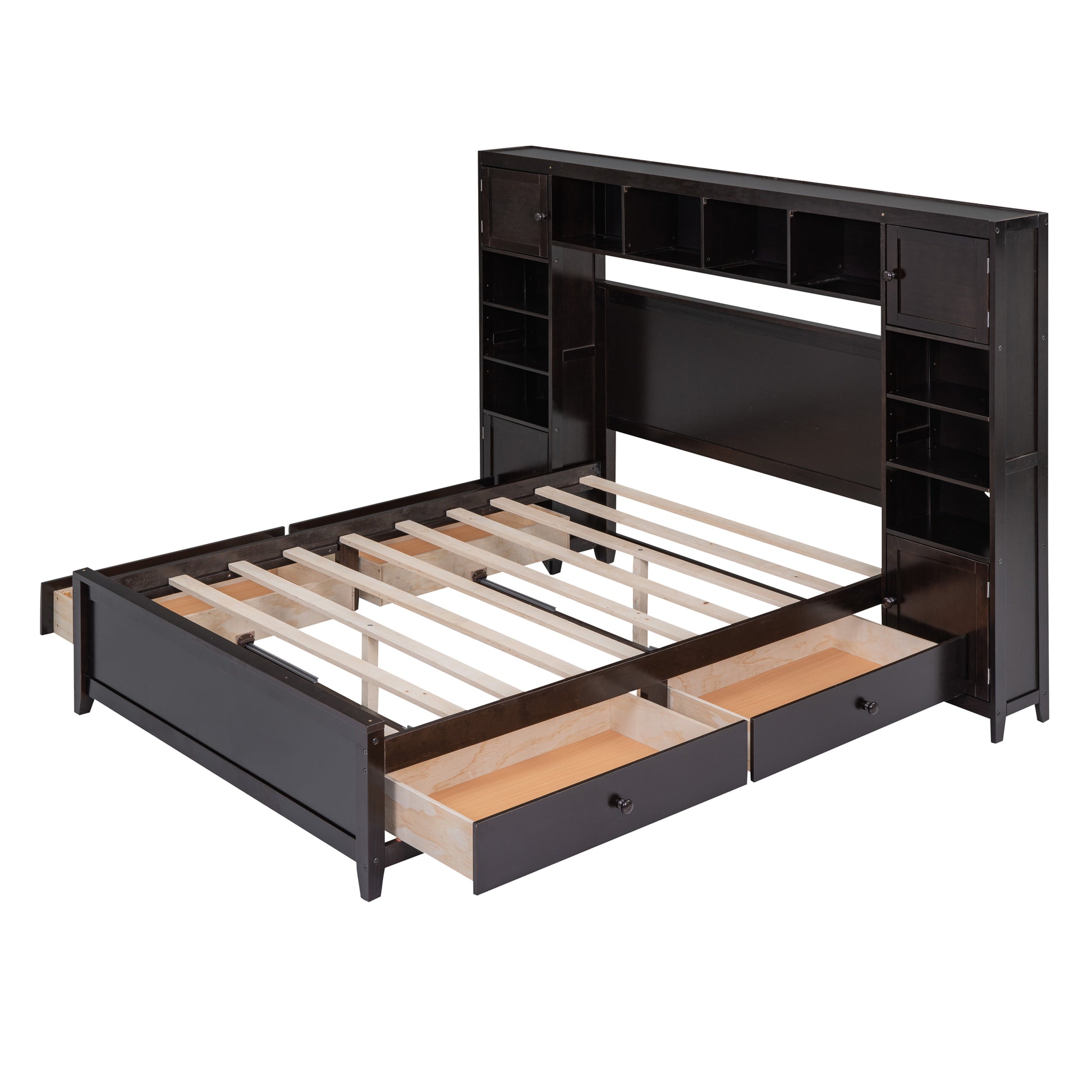 Full Size Wooden Bed With All In One Cabinet And Shelf, Espresso Full Espresso Solid Wood