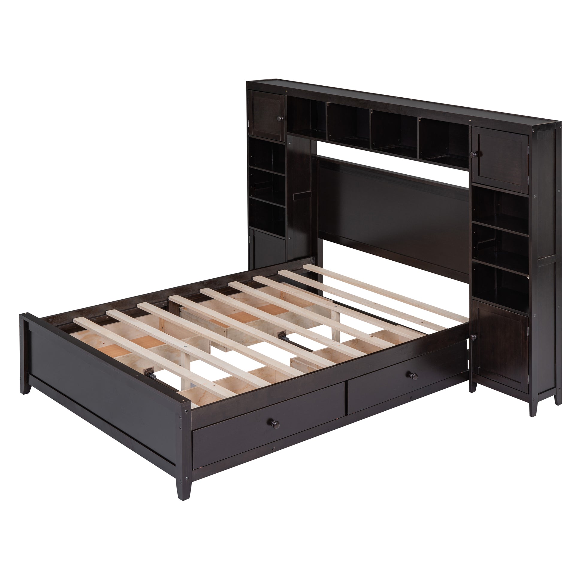 Full Size Wooden Bed With All In One Cabinet And Shelf, Espresso Full Espresso Solid Wood