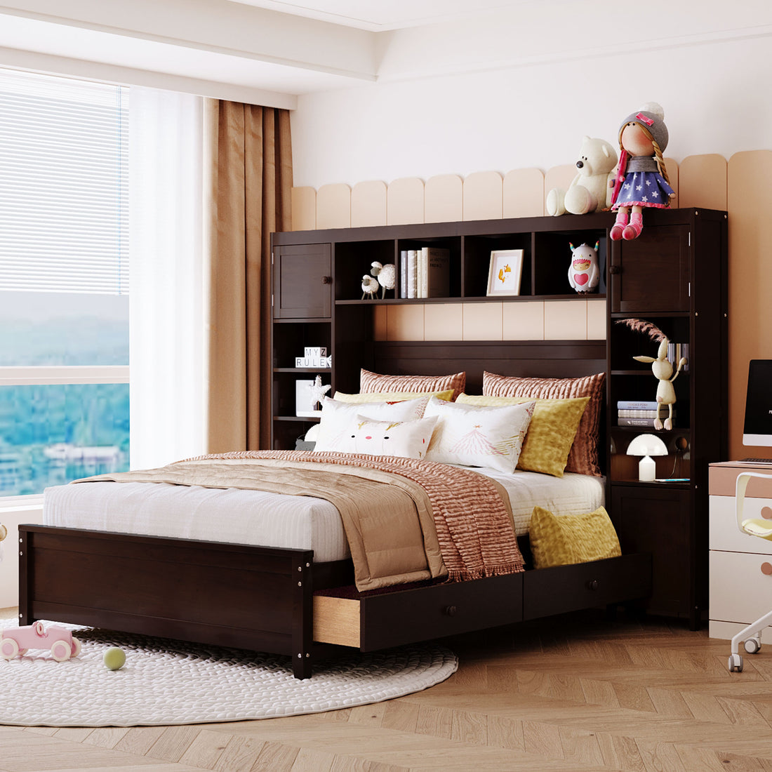 Full Size Wooden Bed With All In One Cabinet And Shelf, Espresso Full Espresso Solid Wood