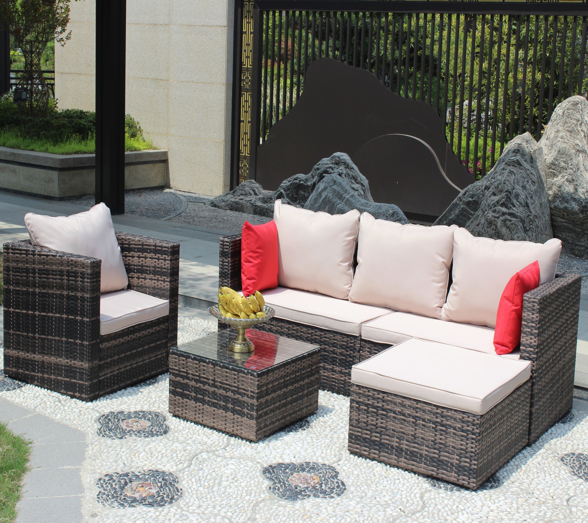 Rattan Patio Furniture Set Wicker Sofa Cushioned Sectional Furniture Set Garden Patio Sofa Set 4 Pieces, Brown Brown Rattan