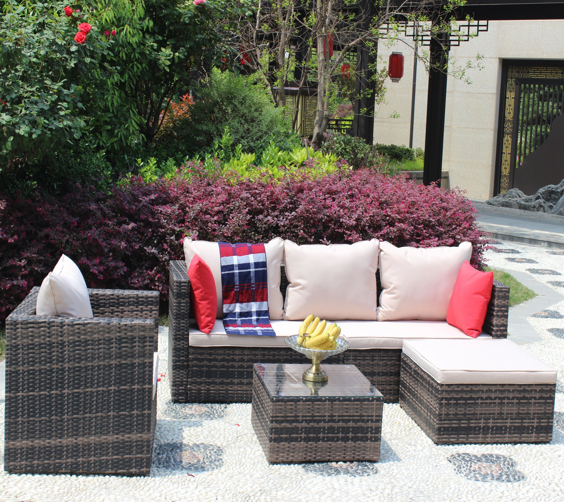 Rattan Patio Furniture Set Wicker Sofa Cushioned Sectional Furniture Set Garden Patio Sofa Set 4 Pieces, Brown Brown Rattan
