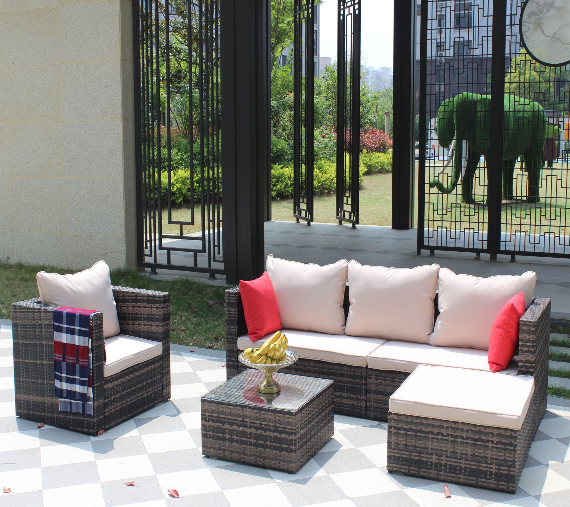 Rattan Patio Furniture Set Wicker Sofa Cushioned Sectional Furniture Set Garden Patio Sofa Set 4 Pieces, Brown Brown Rattan