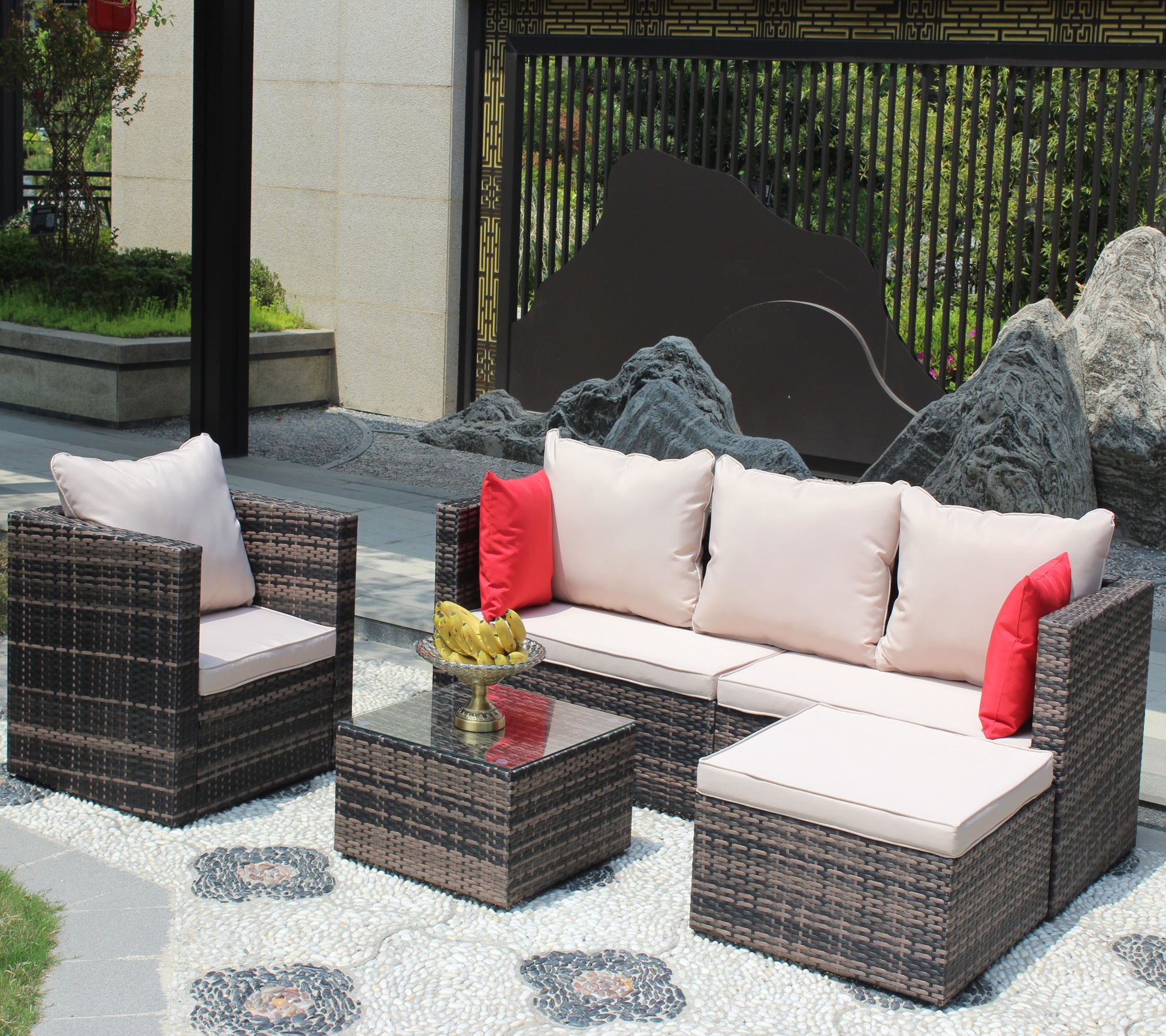 Rattan Patio Furniture Set Wicker Sofa Cushioned Sectional Furniture Set Garden Patio Sofa Set 4 Pieces, Brown Brown Rattan